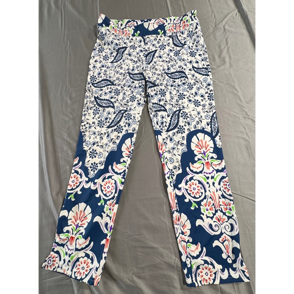 Aryeh Floral Paisley Print Straight Leg Stretch Pants Navy White Multicolored M‎